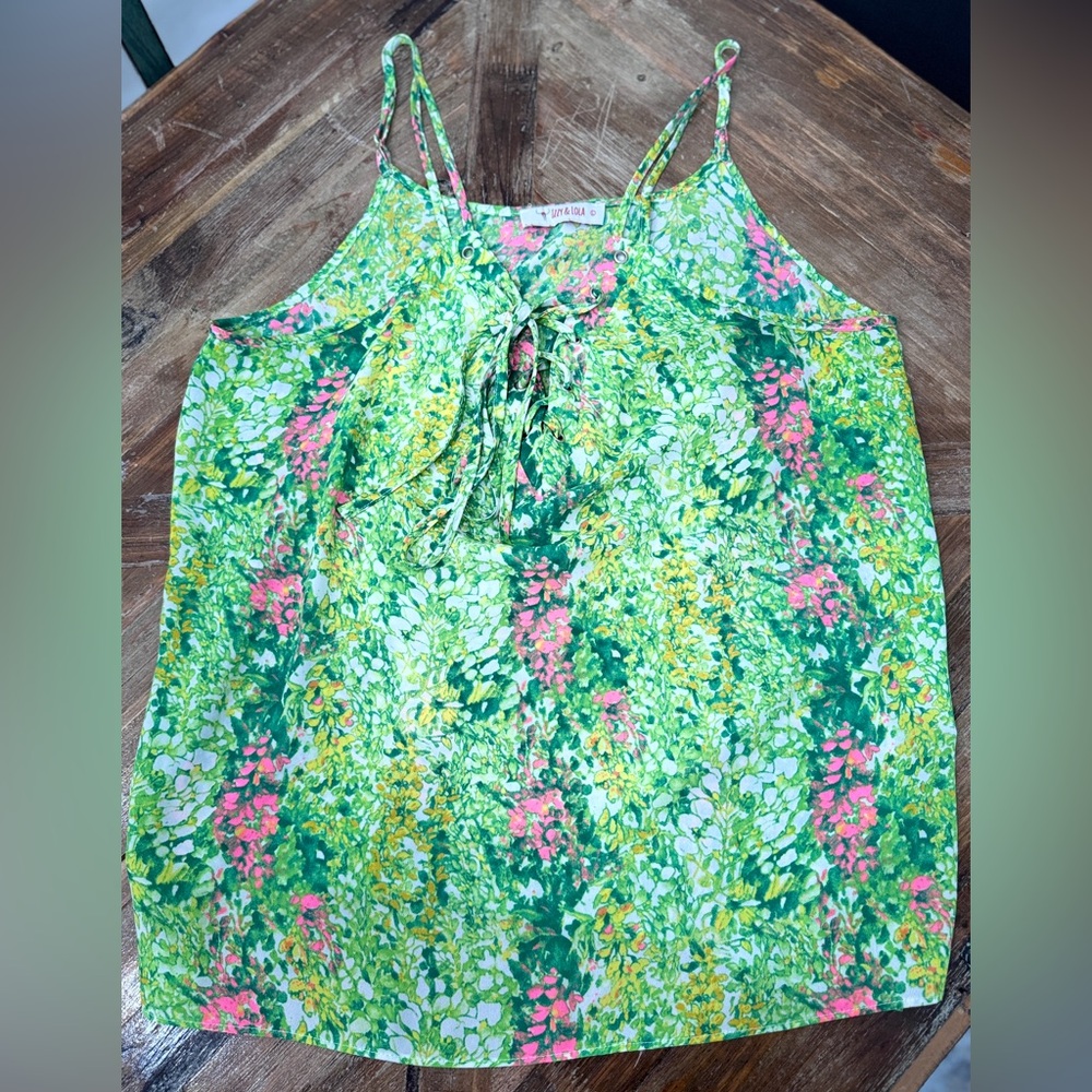 Izzy and Lola Green Pink Flora Tank Top Drawstring Adjustable straps Size L